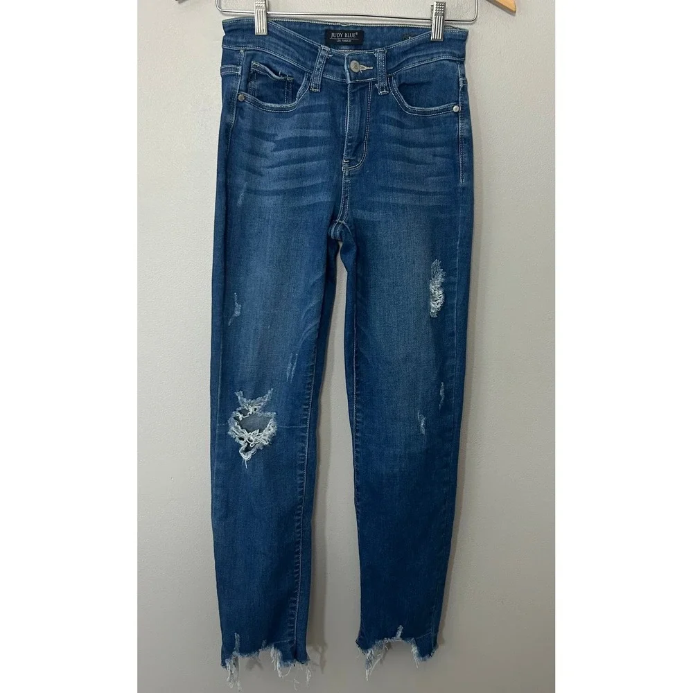 Judy Blue Jeans Women 0/24 Blue Slim Fit  Distressed Denim Frayed Hem Stretch